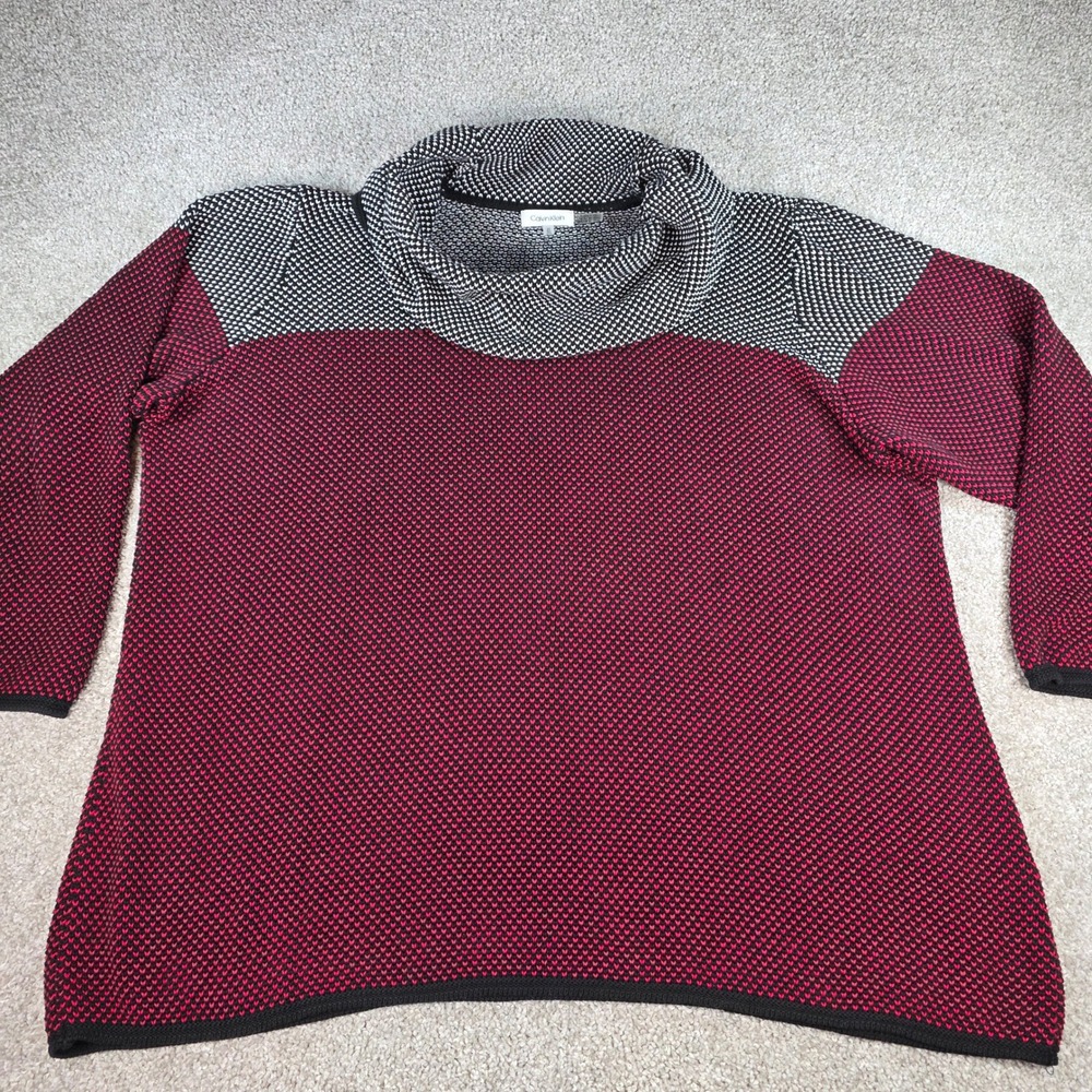 Calvin Klein Womens 3X Red Black Colorblock Cowl Neck Cotton Knit Sweater